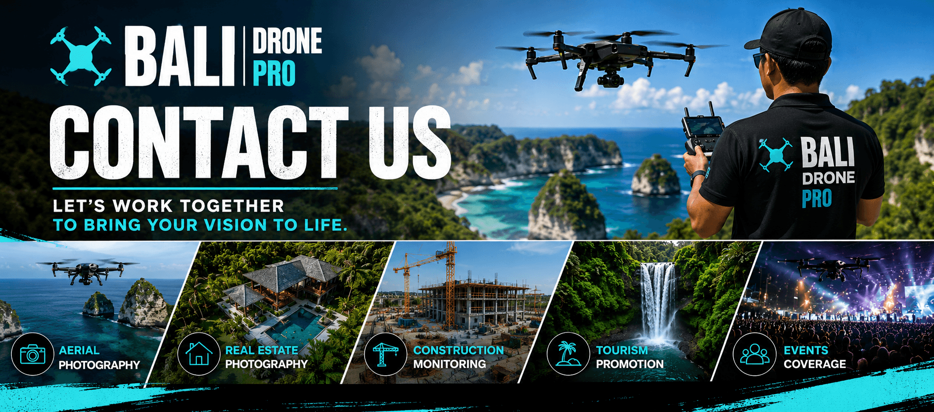 Contact Bali Drone Pro for professional drone photography, aerial videography, inspections, real estate marketing, tourism promotion, and event coverage throughout Bali.
