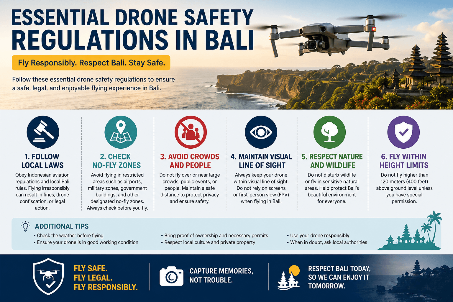 Infographic highlighting essential drone safety regulations in Bali.