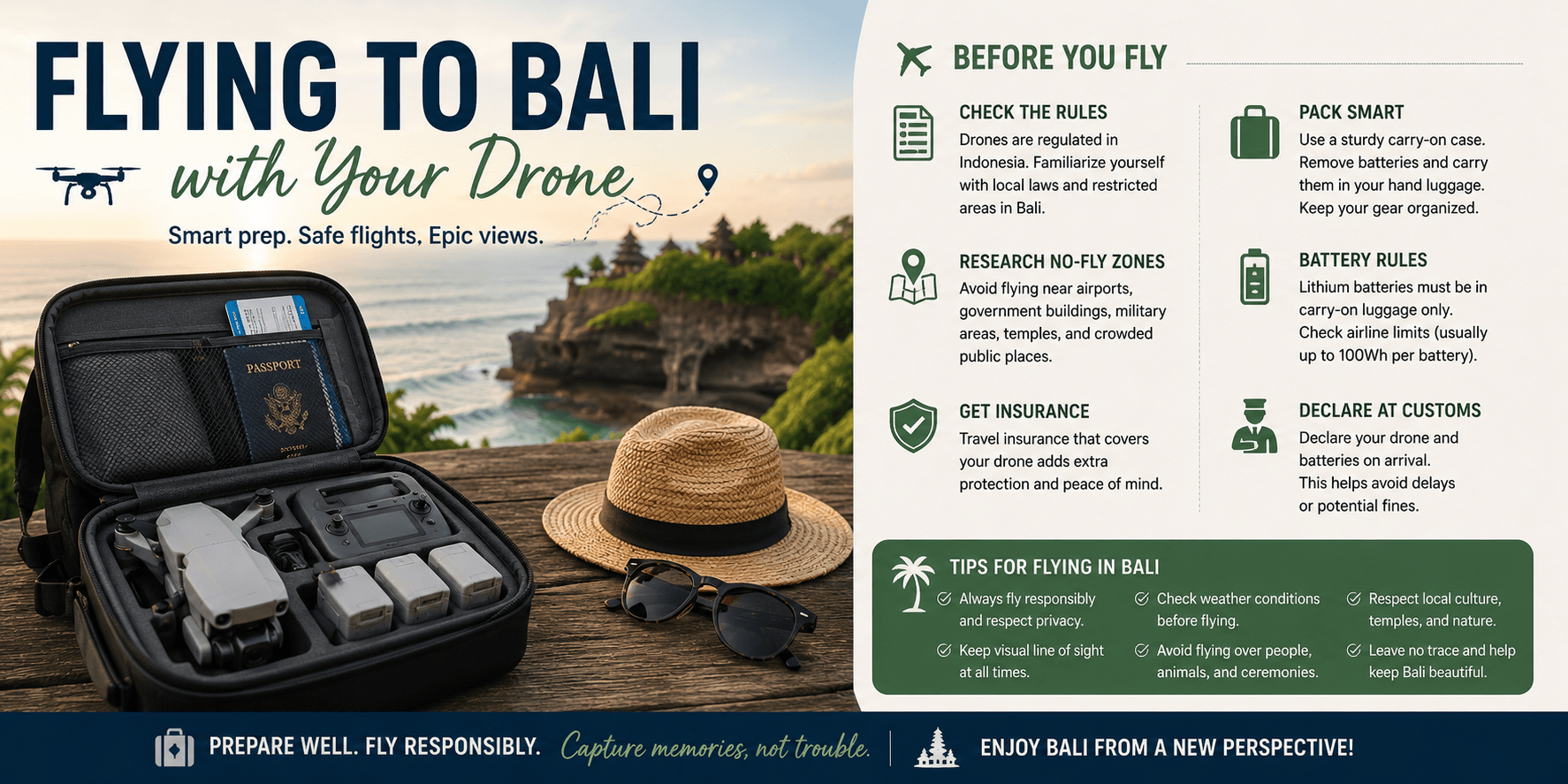 Drone packed for travel, with tips on flying to Bali with a drone.