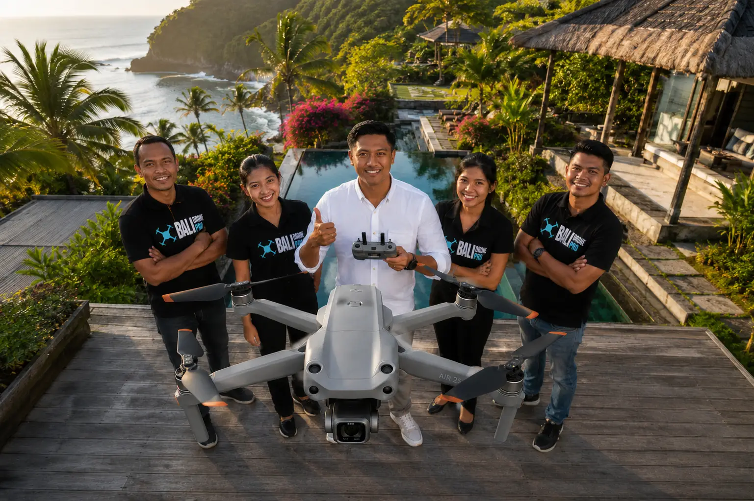Professional Bali drone team with DJI Air 2S drone at a luxury tropical resort, providing aerial photography, videography, mapping, inspections, and commercial drone services across Bali.