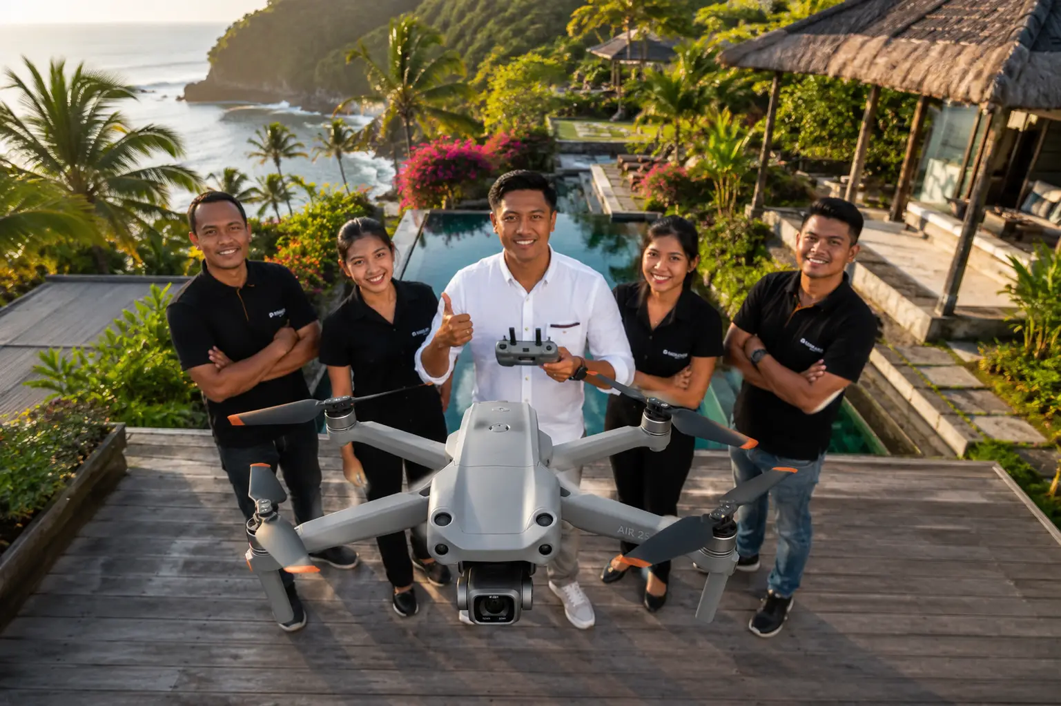Professional Bali drone team with DJI Air 2S drone at a luxury tropical resort, providing aerial photography, videography, mapping, inspections, and commercial drone services across Bali.