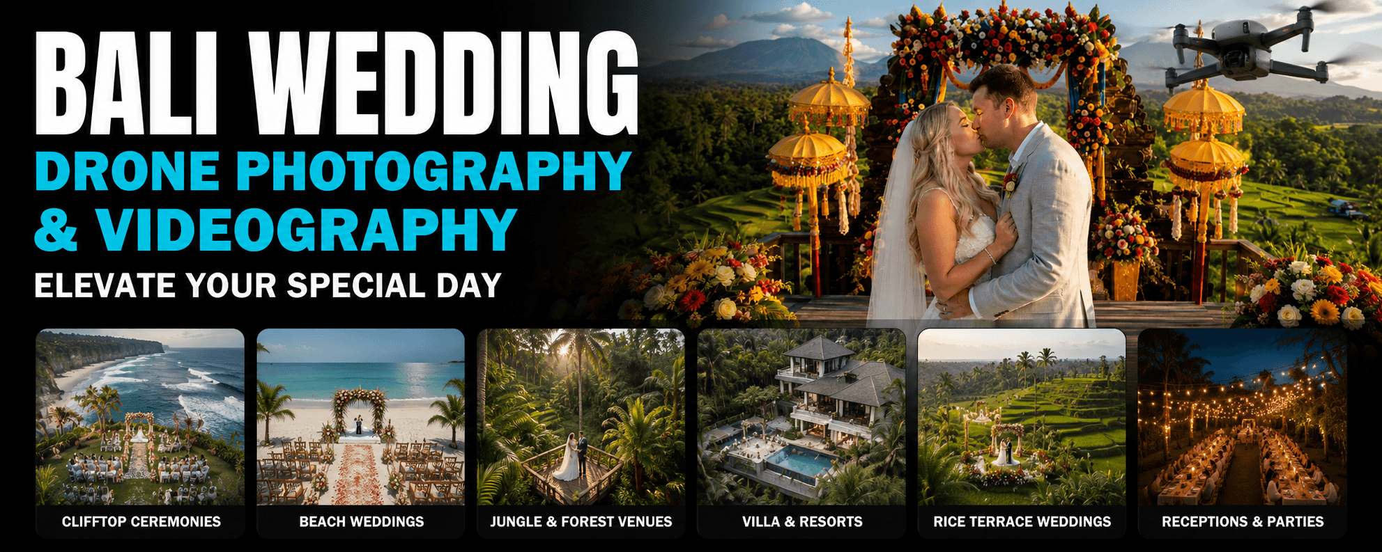 Professional Bali wedding drone photography and videography capturing luxury weddings, beach ceremonies, cliff-top venues, rice terrace celebrations, and destination weddings throughout Bali.