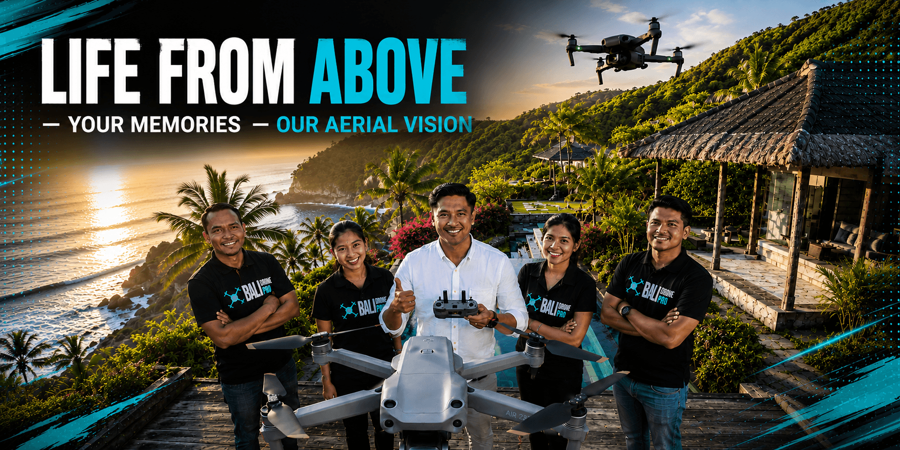 Bali Drone Pro team with professional drone overlooking a luxury Bali coastline, representing aerial photography and videography services.