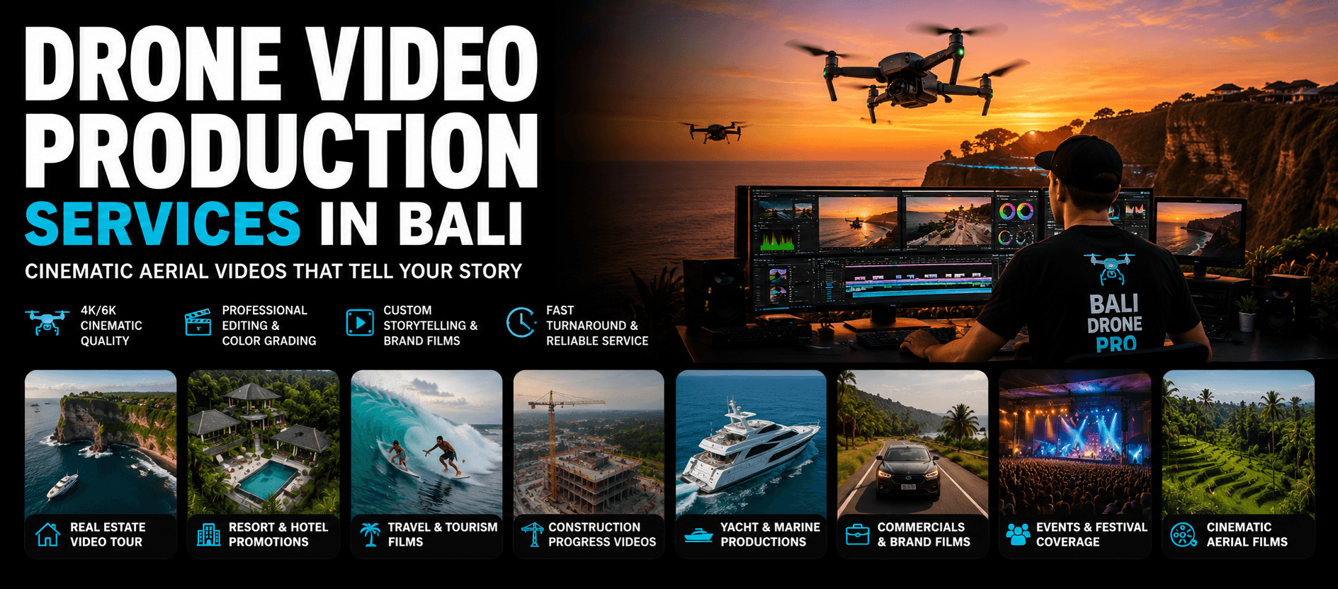Professional drone video production services in Bali featuring cinematic aerial filming, drone videography, commercial productions, tourism campaigns, yacht videos, real estate videos, and aerial storytelling.