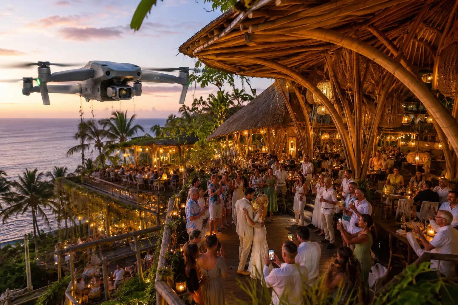 Professional drone filming a luxury wedding celebration at a high-end bamboo venue in Bali, capturing aerial wedding videography with ocean views and tropical scenery.