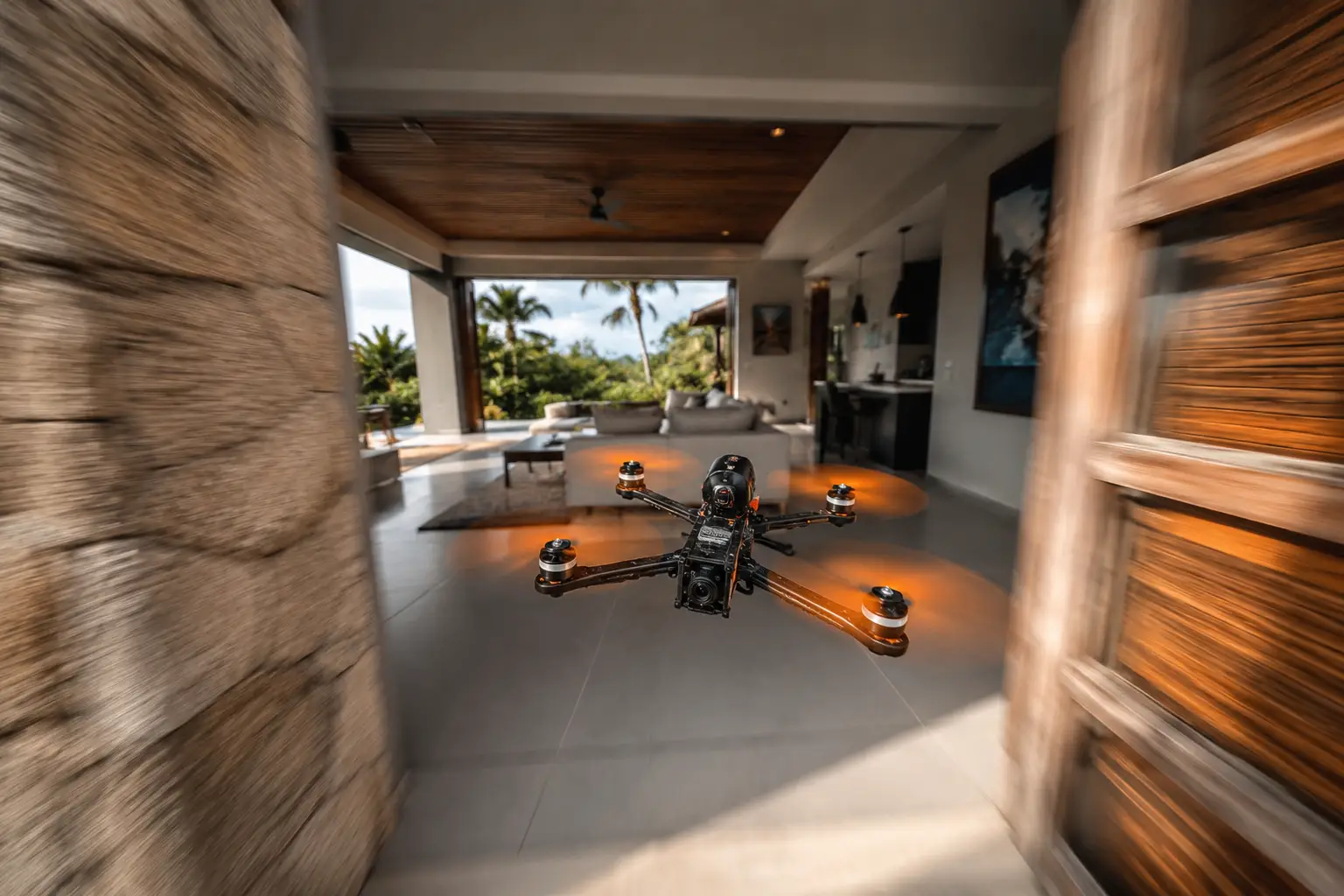FPV drone flying through a luxury Bali villa during a professional flythrough video shoot.