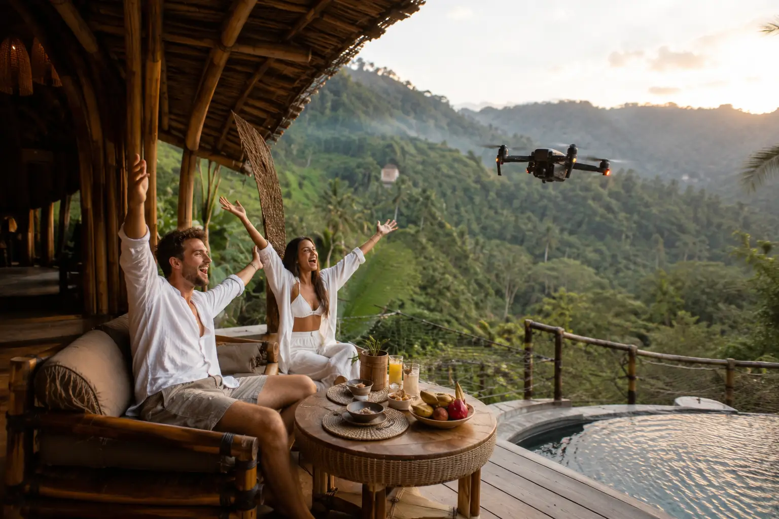 Guests enjoying a FPV drone flythrough at a luxury bamboo villa overlooking Bali's mountains.
