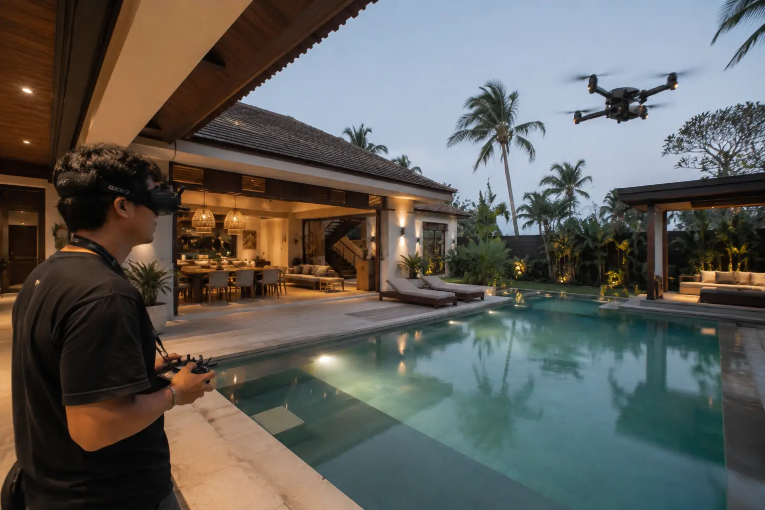 Professional FPV drone pilot filming a luxury Bali villa with swimming pool during a cinematic flythrough video shoot.