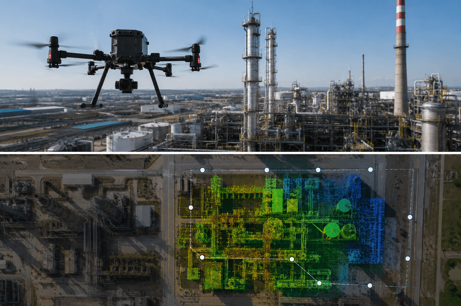 Industrial drone inspection in Bali capturing refinery infrastructure and industrial assets from above.