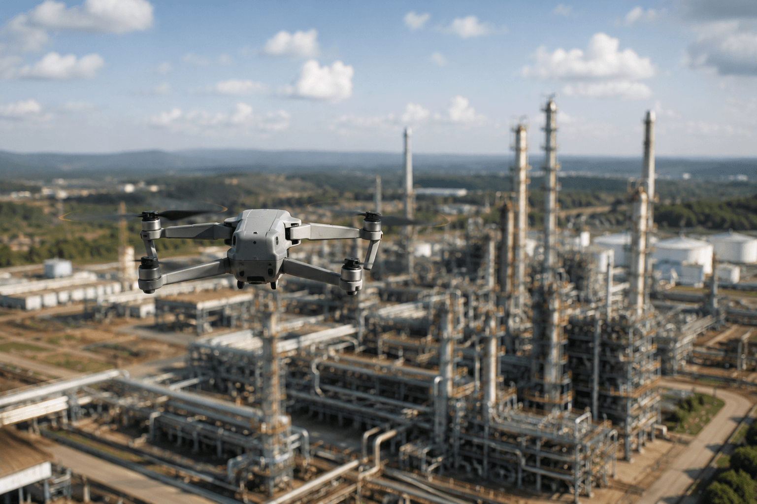 Drone monitoring an industrial construction site in Bali with high-resolution aerial inspection imagery.