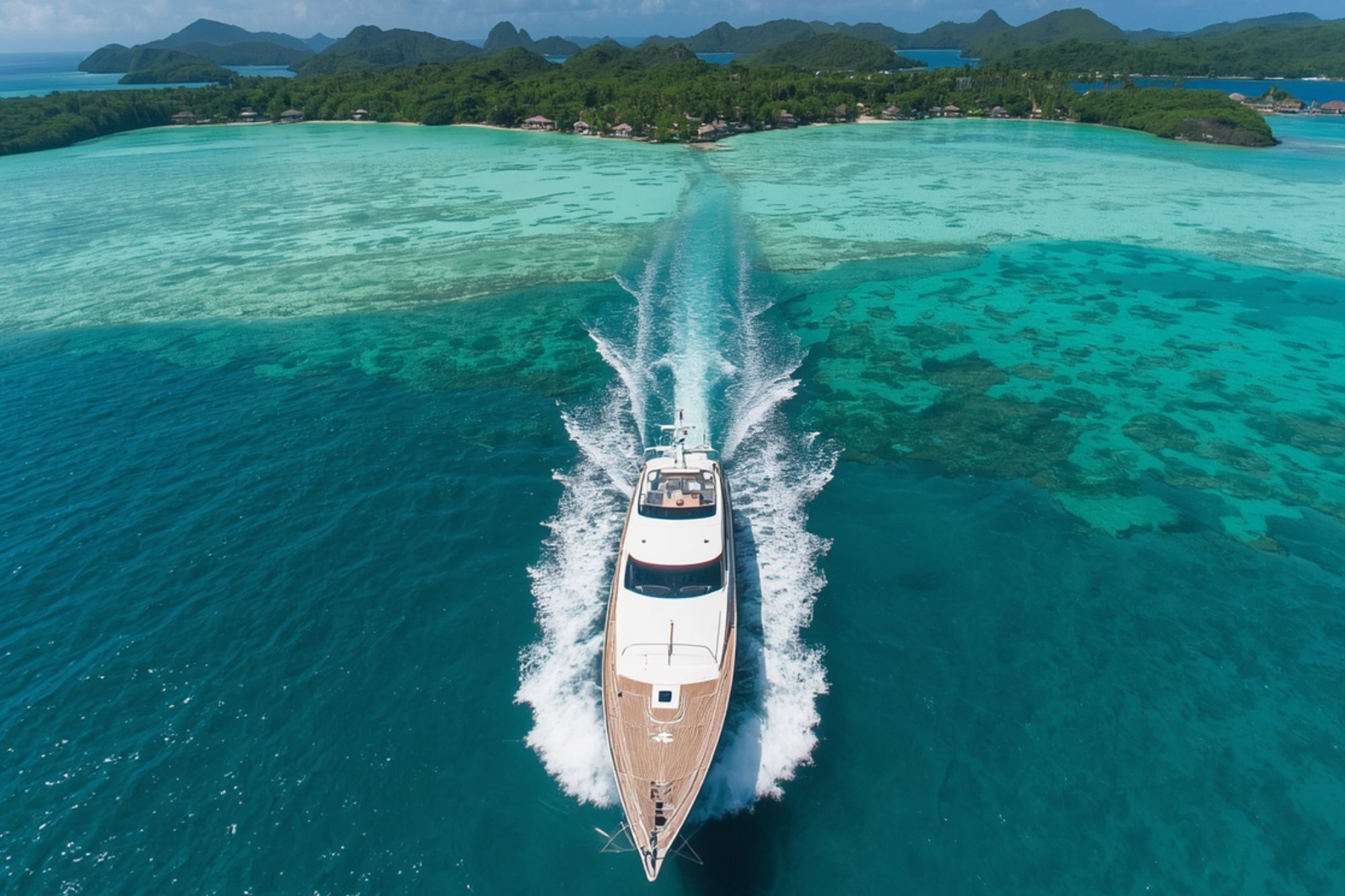 "Aerial drone view of a high-speed luxury speedboat cruising turquoise water in Bali, Indonesia."