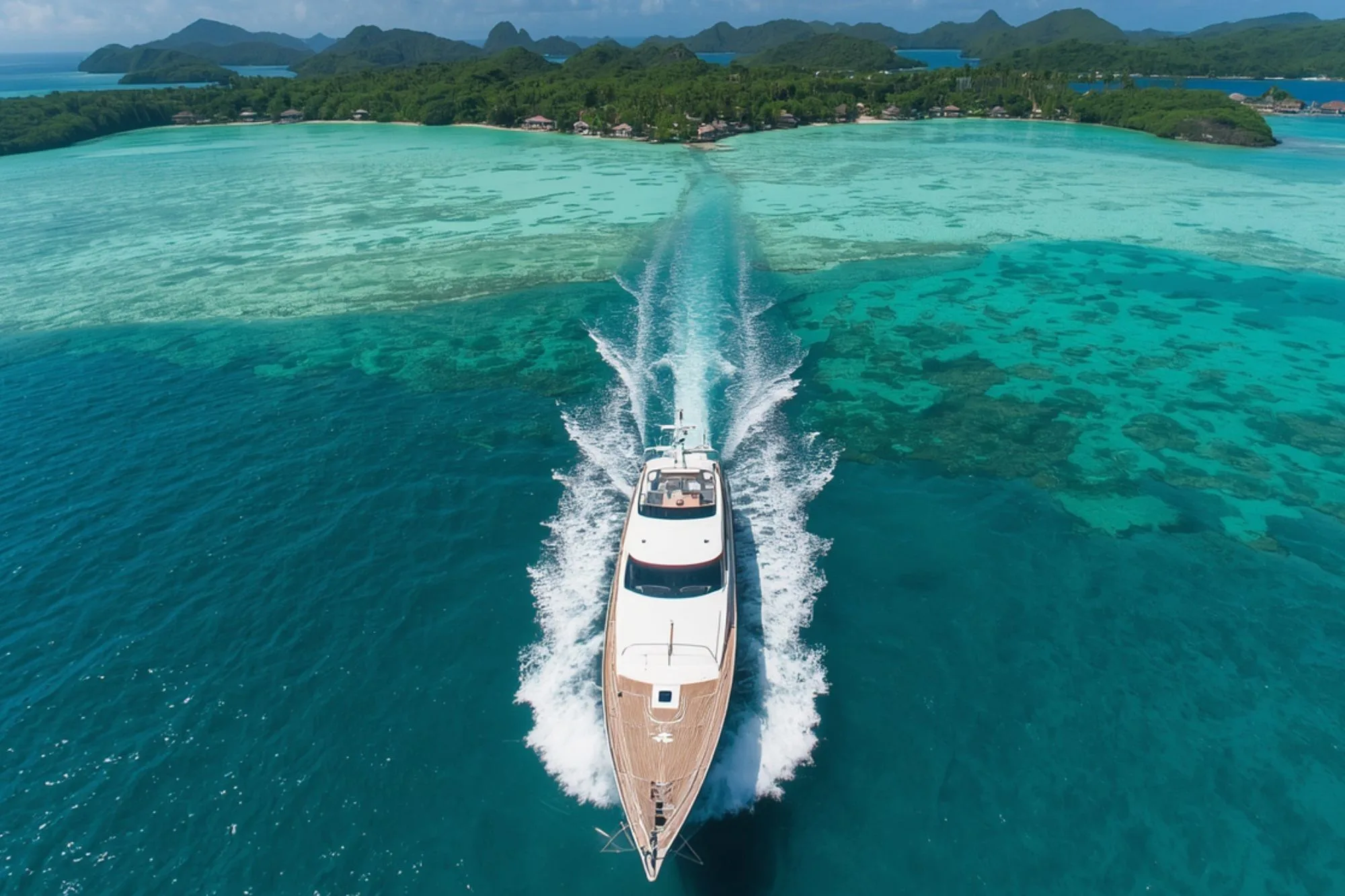 "Aerial drone view of a high-speed luxury speedboat cruising turquoise water in Bali, Indonesia."