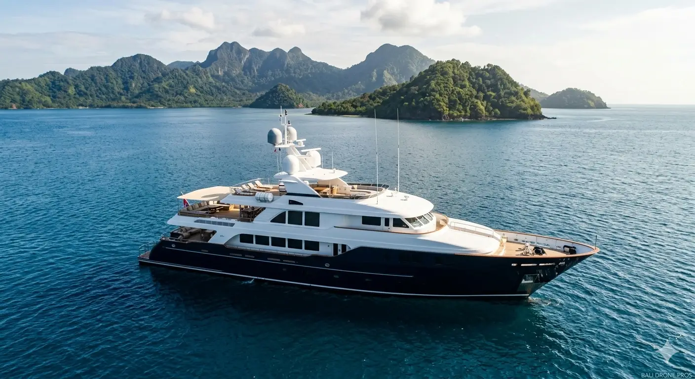 "Aerial high-angle shot showing the luxury aft deck lounge of a private yacht cruising in Bali waters."