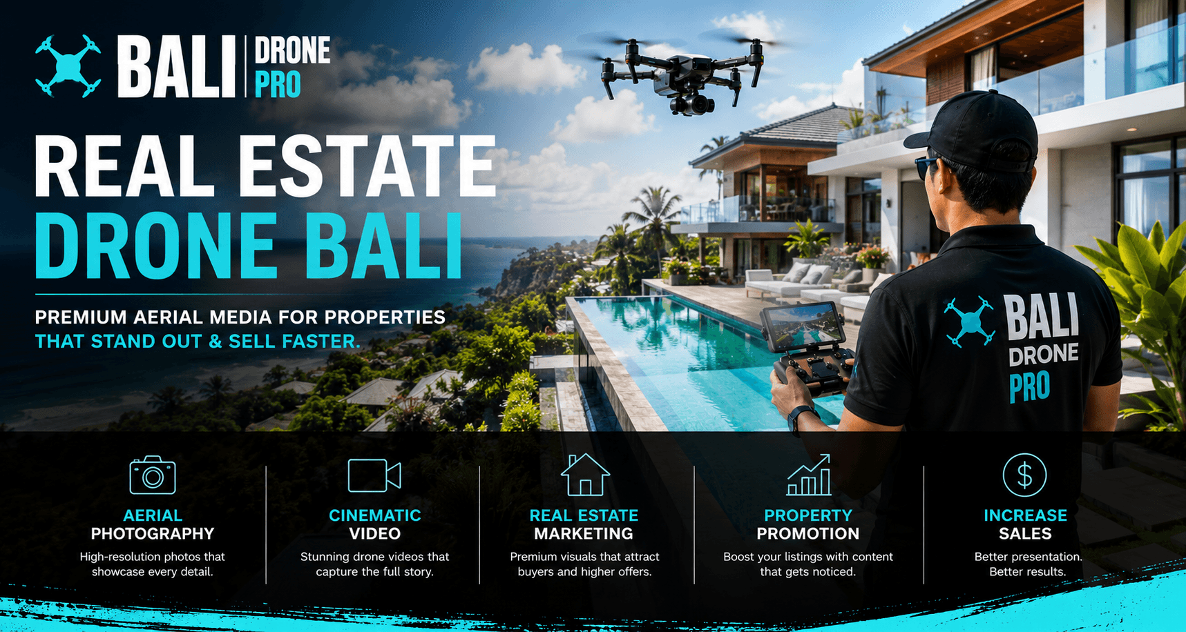 Professional drone pilot capturing aerial photography and videography of a luxury Bali villa for real estate marketing and property promotion.