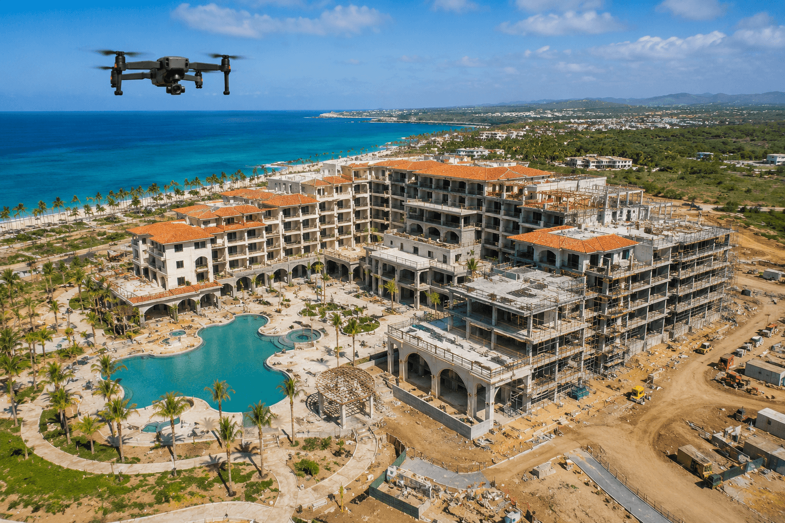 Drone inspection of luxury resort construction project in Bali with aerial progress monitoring and site surveying