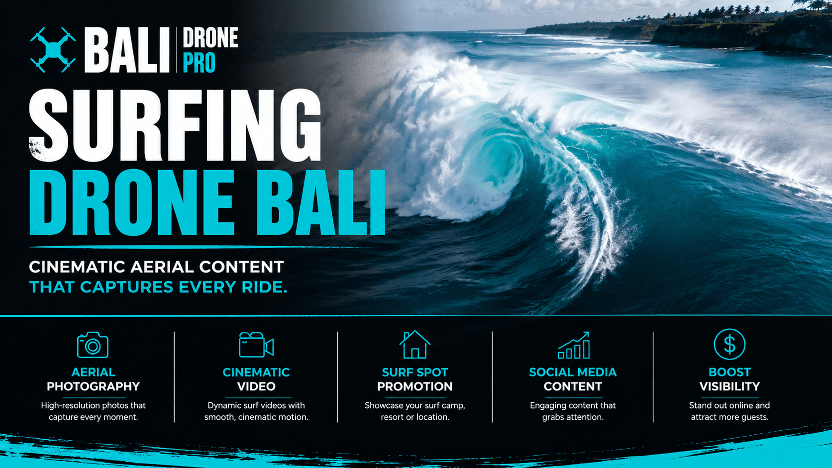 A surfer riding a wave in Bali, captured by Bali Drone Pro’s aerial photography services.