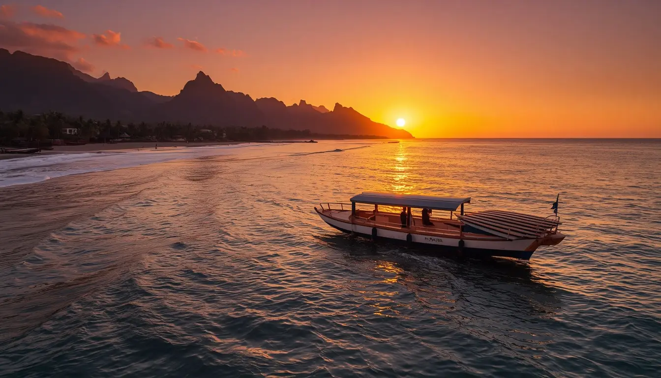 Traditional Indonesian boat cruising in Bali waters during a golden sunset, captured by professional drone photography.