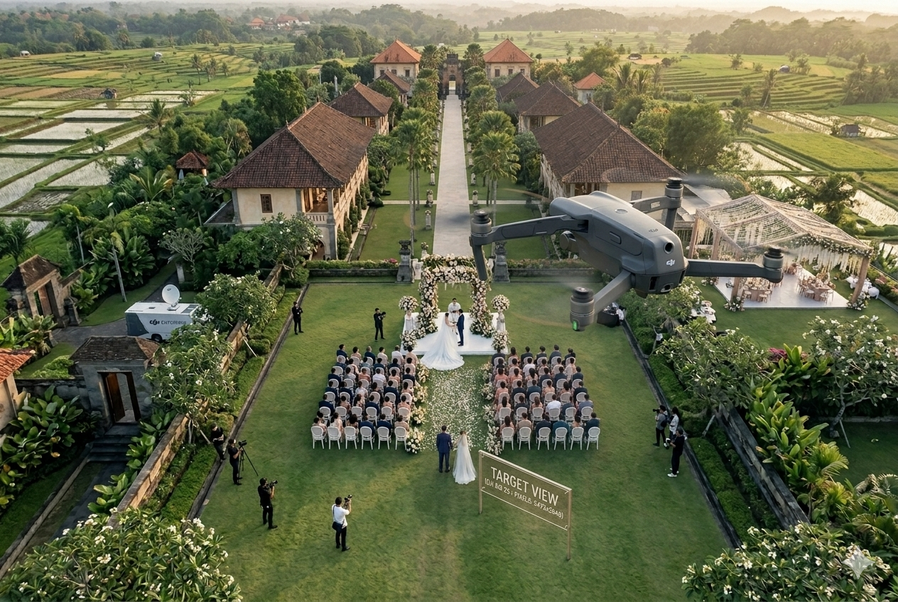 "Cinematic aerial drone photography capturing a beautiful outdoor wedding ceremony and celebration in a luxury Bali resort."
