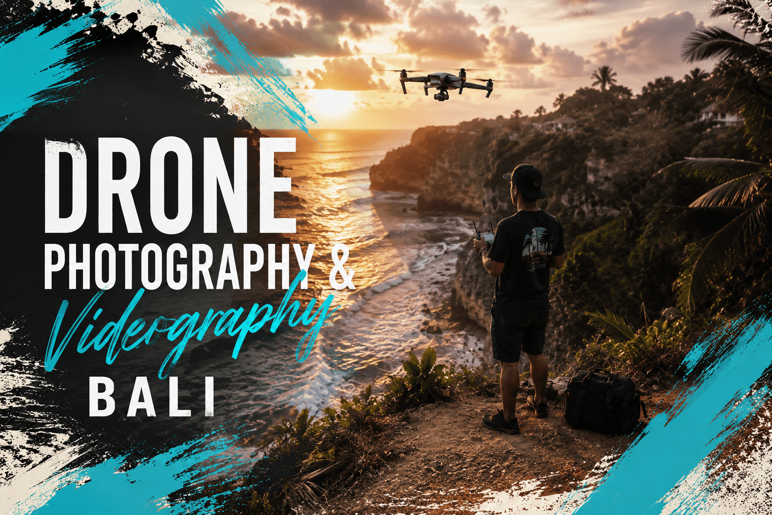 Professional drone pilot flying a drone above Bali cliffs at sunset providing drone photography and videography services in Bali.