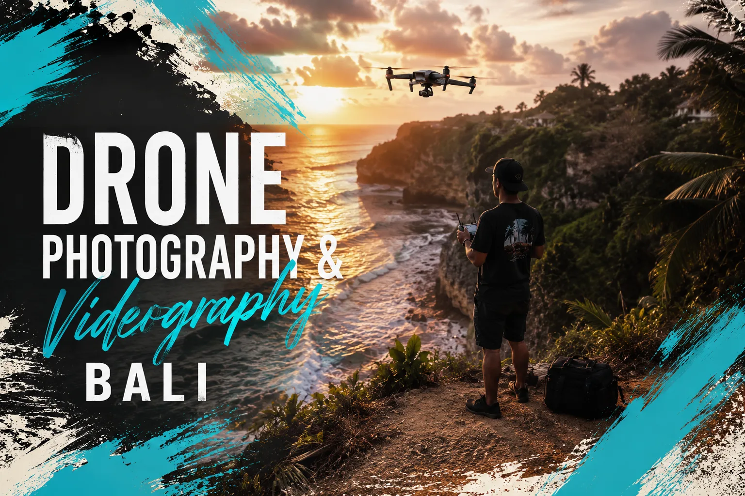 Professional drone pilot flying a drone above Bali cliffs at sunset providing drone photography and videography services in Bali.