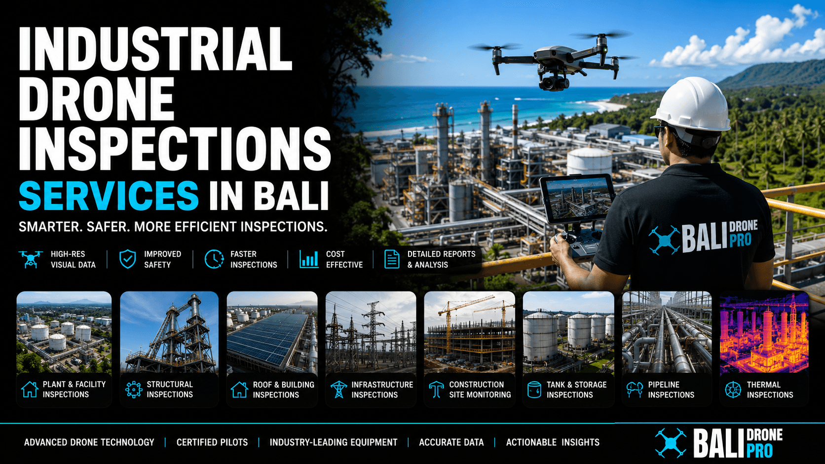 Professional drone inspecting an industrial facility in Bali at sunset while an engineer reviews aerial inspection data and reports.