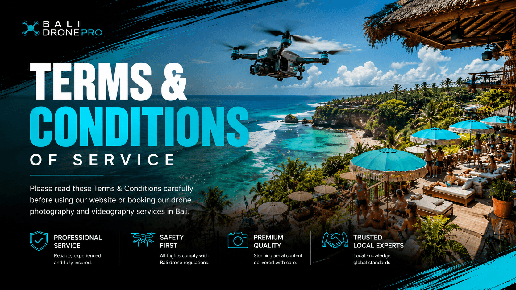 Bali Drone Pro Terms and Conditions banner featuring a drone flying above a tropical Bali beach club overlooking the ocean and coastline.